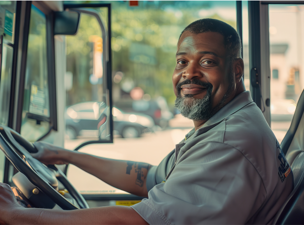 Motorcoach driver smiling while seated at the wheel of a bus.