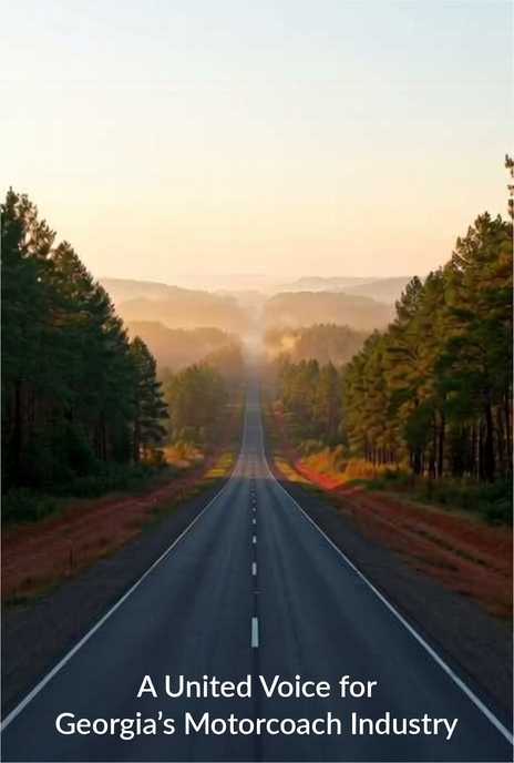 Open highway stretching through forested landscape at sunrise representing unity and direction for Georgia’s motorcoach industry.